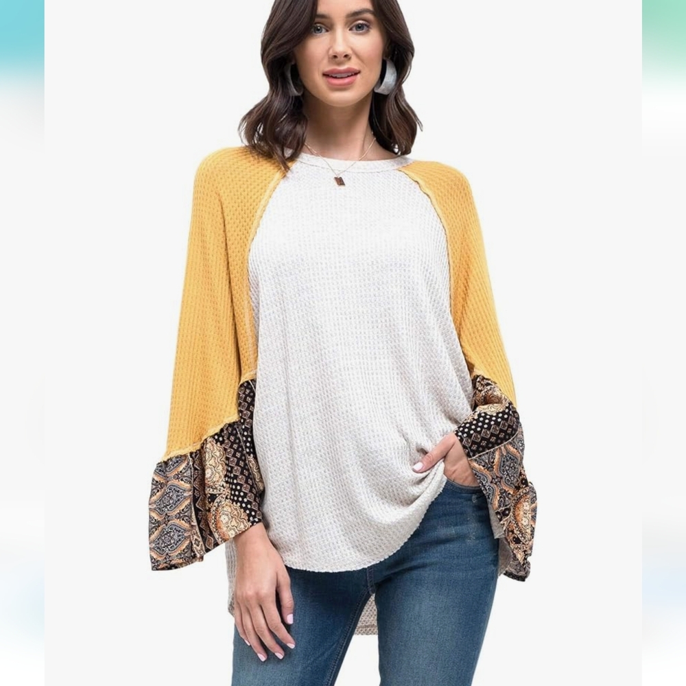 Blu Pepper Loose Fit Waffle Knit Flare Boho Top Medium